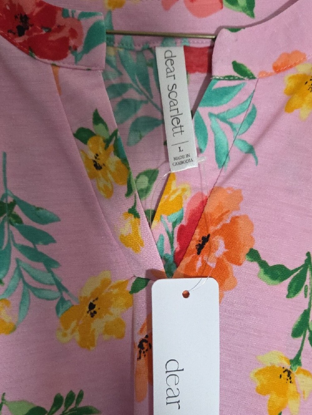 Dear Scarlett Womens Pink Floral Pullover Short Sleeve Tee Shirt Sz Large NWT - Picture 2 of 4